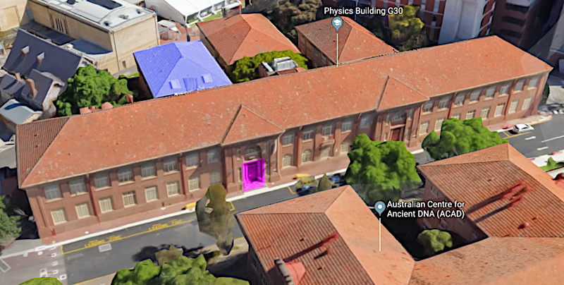 Aerial view of Physics building; entrance in purple; Kerr Grant in blue.