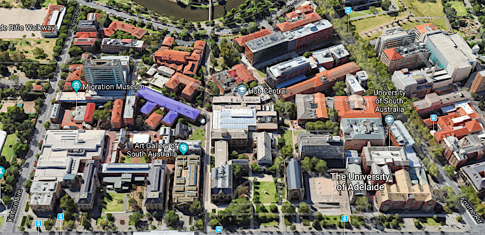 Aerial view of North Terrace campus, Physics is highlighted in blue.